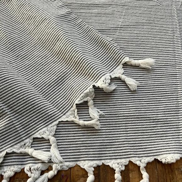 Hearth & Hand Striped Shower Curtain 67 x 67" Gray and White Tasseled Cotton - Picture 1 of 8